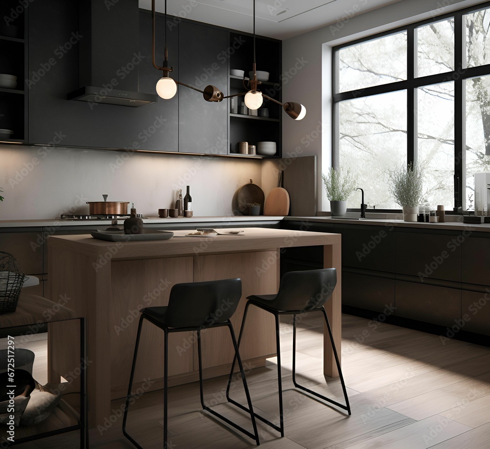 AI generated illustration of a contemporary kitchen with a stylish black and wood color palette AI generated illustration of a contemporary kitchen with a stylish black and wood color palette