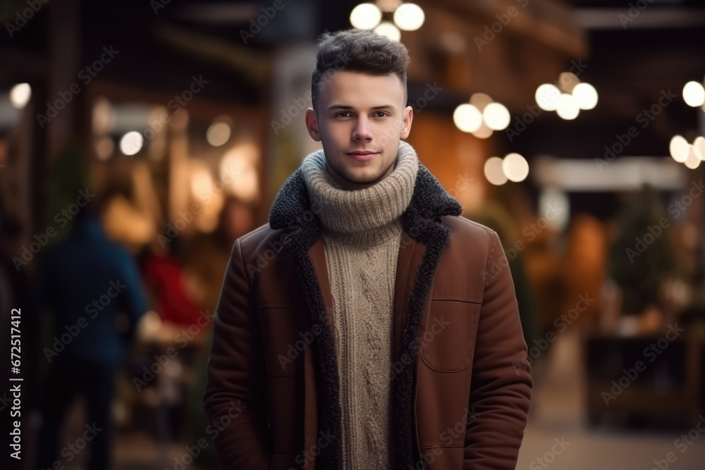 Young Man in warm jacket smiling looking at the camera in the store, shop, boutique, shopping mall. Christmas sale, Shopping. Christmas market