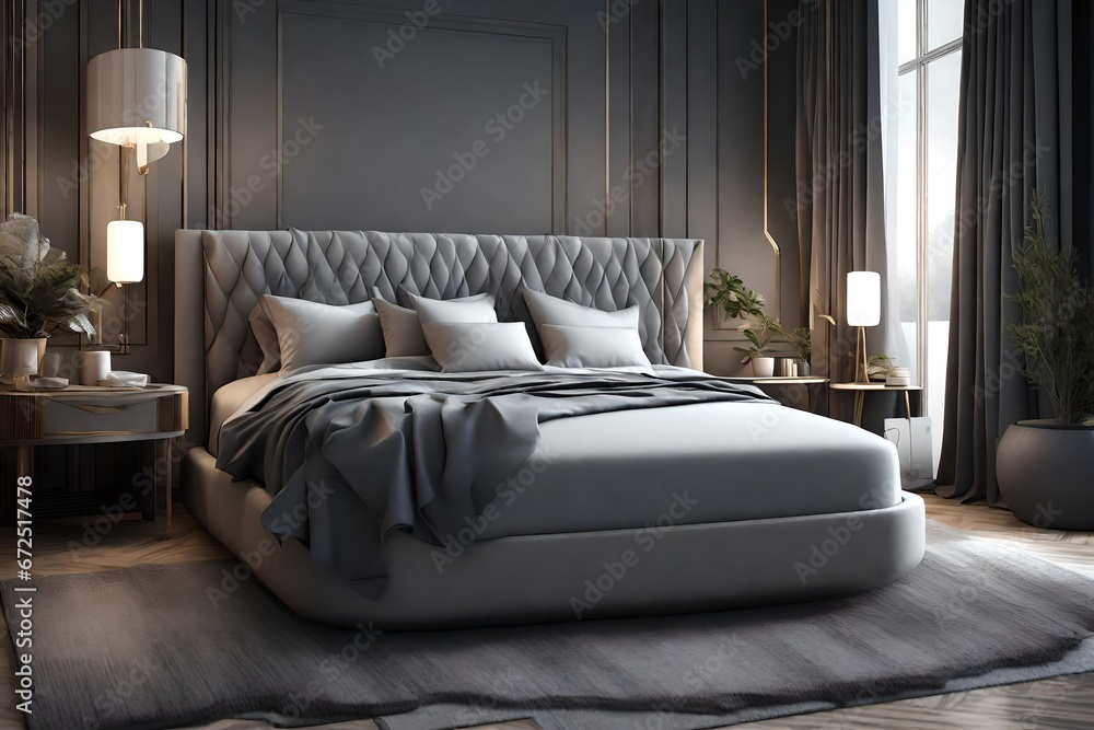 Fototapeta premium grey luxury bed, side table , in the bedroom, attractive looks,