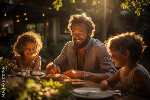 cheerful family having fun, sitting at the table at summer garden in leafy inner courtyard under the evening sun rays