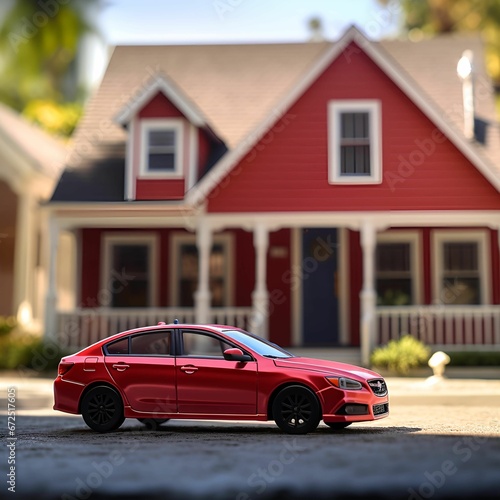 AI generated illustration of a vibrant red automobile is parked in front of a picturesque red house © Wirestock