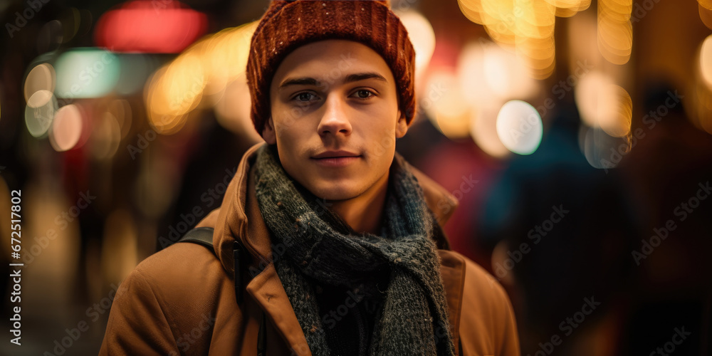 Young Handsome Man wearing warm casual clothes a knitted hat, scarf and a jacket on a evening street on a cityscape background