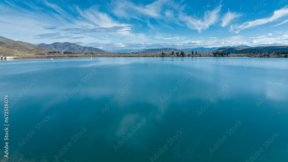 Aerial photography from  a drone of the Lake Ruataniwha rowing course at Twizel in the McKenzie country
