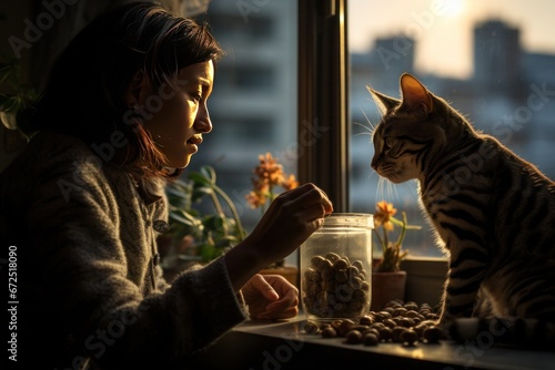 An Asian girl sits by the window in her city apartment, bathed in the rays of the evening sun. With her faithful cat by her side, she sorts through food.