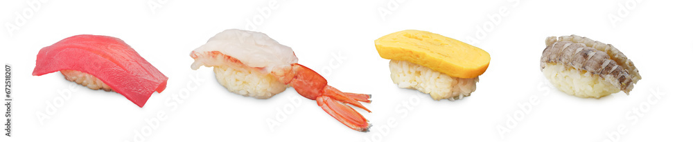 Various kinds of Nigiri Sushi on a white background Various kinds of Nigiri Sushi on a white background