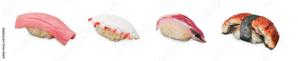 Various kinds of Nigiri Sushi on a white background Various kinds of Nigiri Sushi on a white background