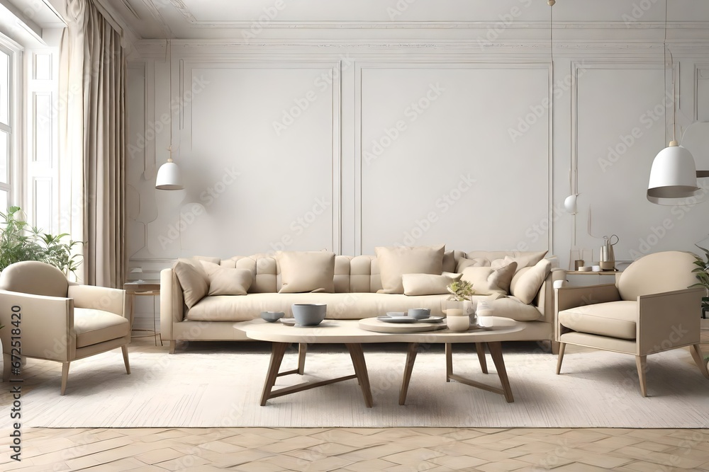 a beige sofas , table, against white background, attractive scene, a beige sofas , table, against white background, attractive scene,