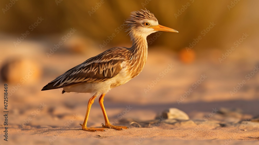 AI generated illustration of a migratory bird near a sandy beach, illuminated by the bright sunlight