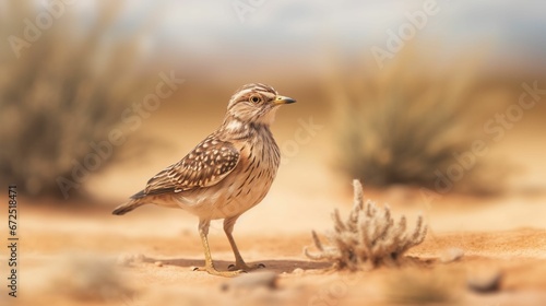 AI generated illustration of a small Javan lark bird perched atop a sandy surface
