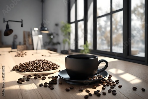 a black coffee mug, on a wodden, white table , near a window, some coffee beans ,