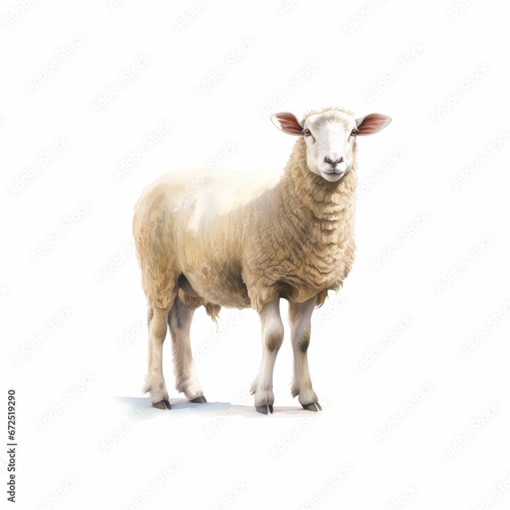 AI-generated illustration of A watercolor of a sheep standing on a white background AI-generated illustration of A watercolor of a sheep standing on a white background