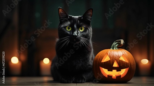 AI generated illustration of a black cat next to an illuminated pumpkin on Halloween © Wirestock