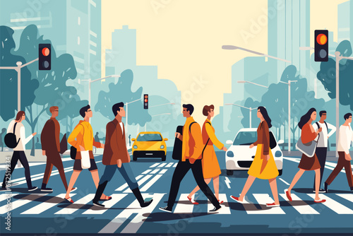 Character walking on zebra roadway crosswalk at traffic light, Cartoon Characters Walking illustration
