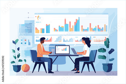 Teamwork of business data analysts, Data analysis for business finance investment concept, illustration