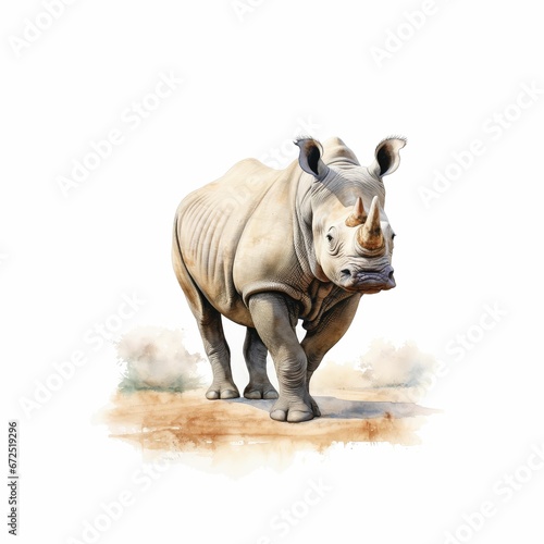 AI-generated illustration of A watercolor of a white rhinoceros on a white background