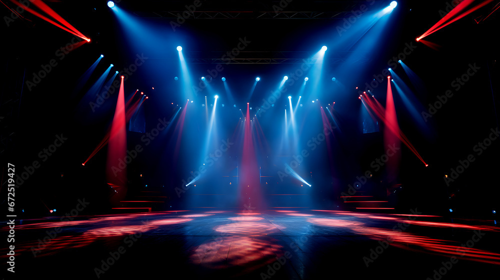 Empty concert stage with red-blue spotlights, club, party, EDM music design elements