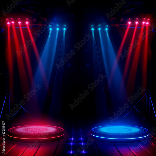 Empty concert stage with red-blue spotlights, club, party, EDM music design elements