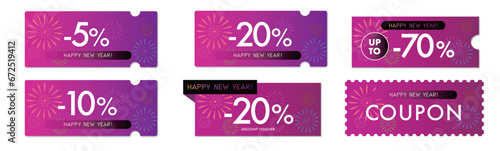新年セールに使える花火とピンクグラデーションのクーポンベクターデザインセット2