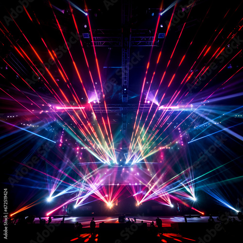 Empty concert stage with red-blue spotlights, club, party, EDM music design elements
