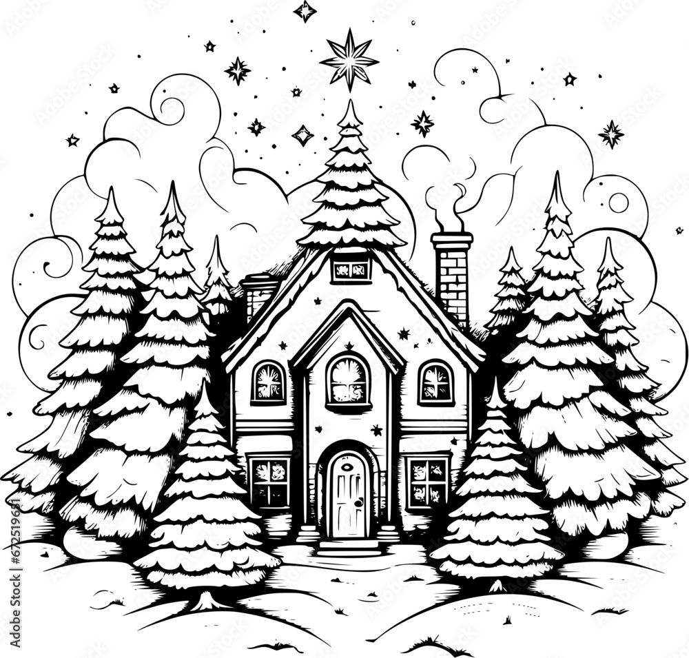 Hand-drawn Christmas House with Tree Vintage Outline Icon