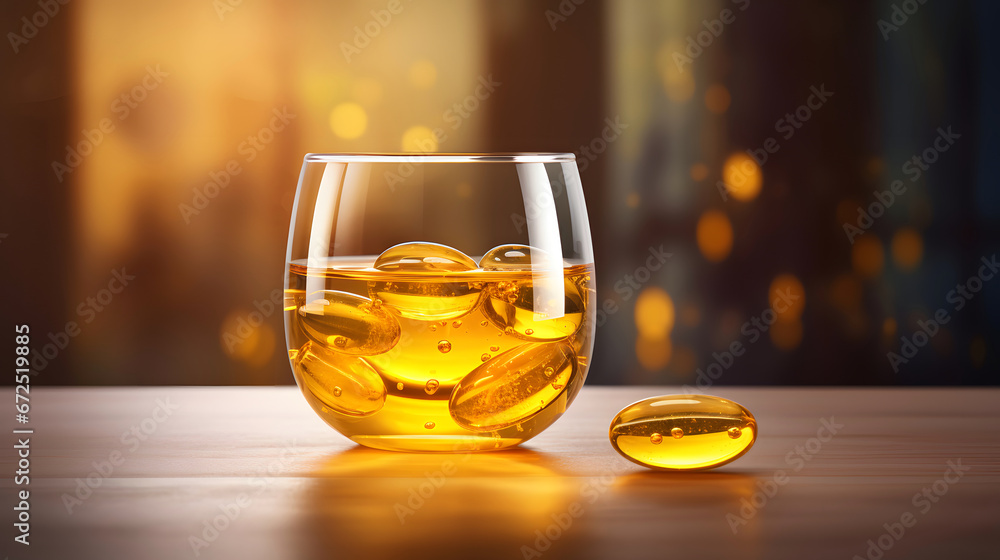 A Glass Full Of Liquid Containing A Mixture Of Edible Fish Oil Capsules, In The Style Of Golden Light A Glass Full Of Liquid Containing A Mixture Of Edible Fish Oil Capsules, In The Style Of Golden Light