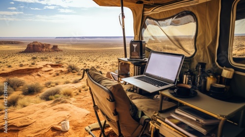 outdoor office or workspace while traveling by recreation Vehicle. 