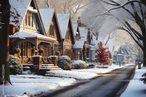 cute residential houses in snowy winter neighborhood. christmas holiday season © Olesia Bilkei