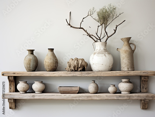 Weathered Wood Floating Shelf with Distressed Frames and a Pit