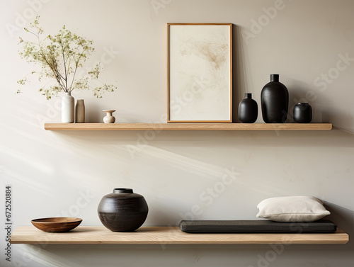 Matte Wood Floating Shelf with Panoramic Frames and a Cylinder