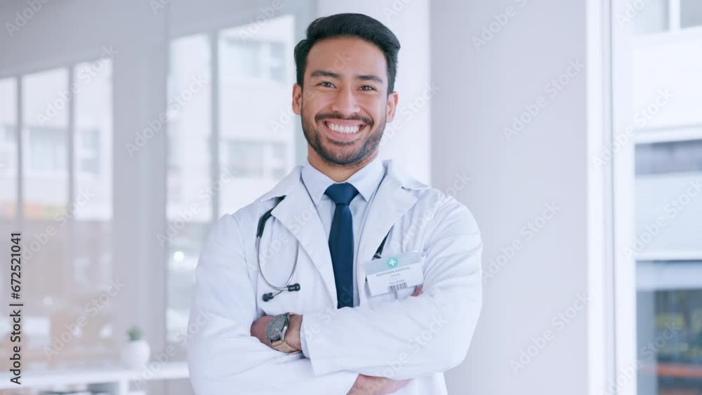 A confident male doctor is satisfied with the health of his patient. Portrait of a healthcare professional smiling with folded arms inside a hospital. A happy and proud GP standing in his office A confident male doctor is satisfied with the health of his patient. Portrait of a healthcare professional smiling with folded arms inside a hospital. A happy and proud GP standing in his office