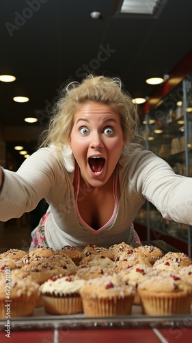 Obese woman in the gym grabbing for cake in close-up front view .