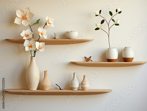Plywood Floating Shelf with Acrylic Frames and Ceramic Vase © L