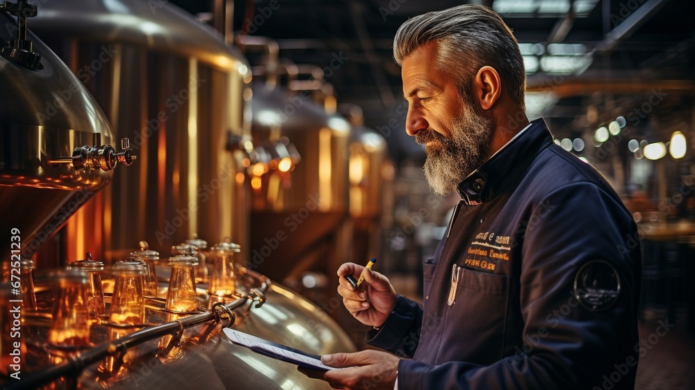 Stylish adult brewer checking the steam-brewed beer procedure . - obrazy, fototapety, plakaty 