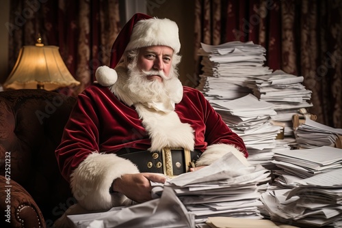 Santa Claus is Busy Merry Christmas Gifts Presents Too Much Work Piled Up Got So Many Letters Fun Photo Picture