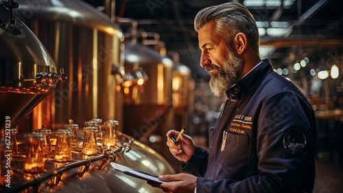 Stylish adult brewer checking the steam-brewed beer procedure . photo