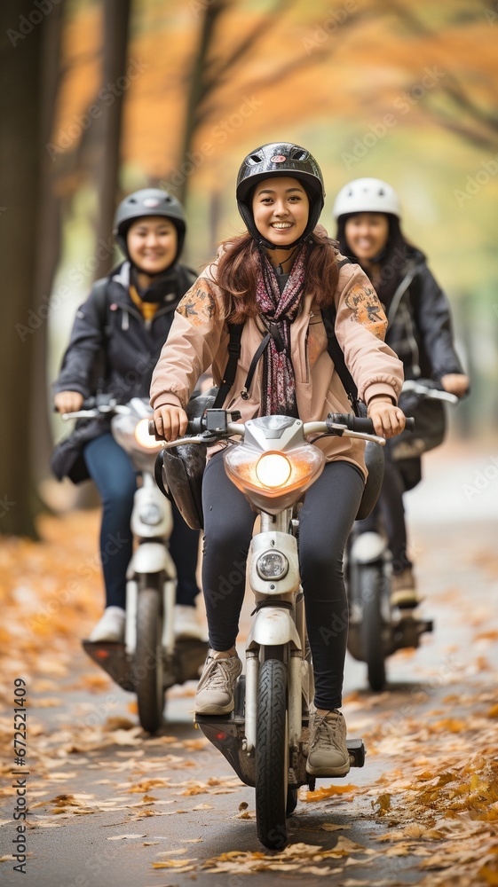 A joyful group of students riding electric scooters. A joyful group of students riding electric scooters.