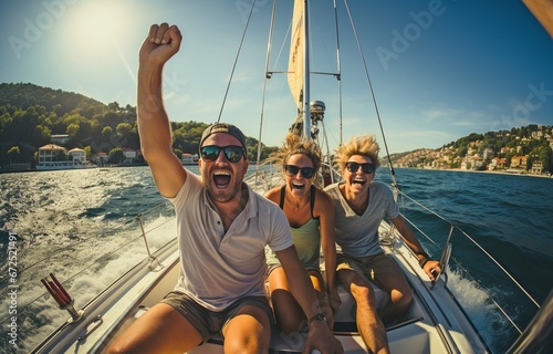 Diving into the sea from a sailing boat, happy friends.