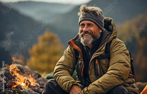 Mature, content, and happily smiling hiker enjoying hot tea while venturing outside.