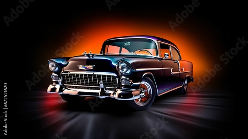 AI-generated illustration of A classic vintage car parked in a colorful garage