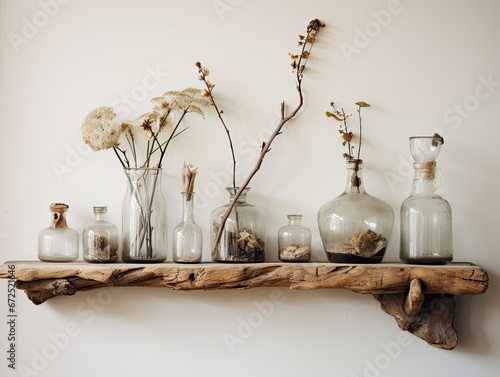 Reclaimed Wood Floating Shelf with Ornate Frames and Tall Glass