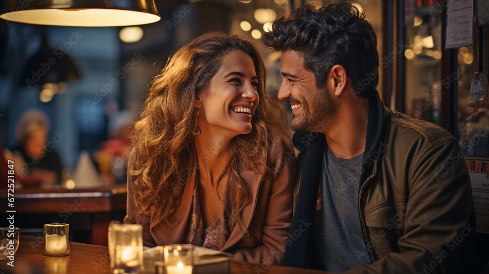 Man and young woman relaxing in the bar and chatting amicably .