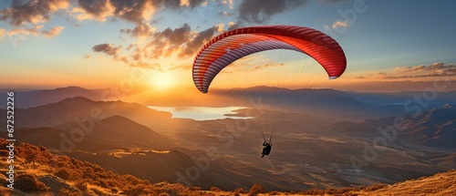 A person paragliding at dusk - A concept of adventure, travel, independence, and thrill sports. photo