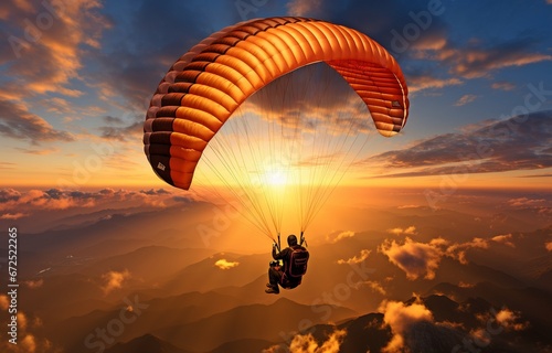 A person paragliding at dusk - A concept of adventure, travel, independence, and thrill sports.