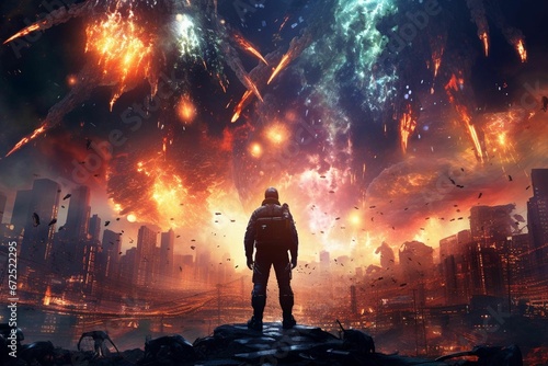 AI generated illustration of a person standing on a backdrop of a city with explosions of flames