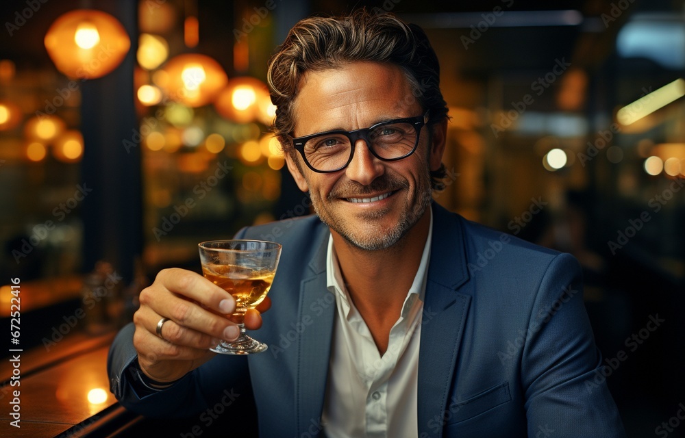 Portrait of a cheerful, smiling, inebriated man raising a drink to the camera.