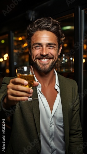 Portrait of a cheerful, smiling, inebriated man raising a drink to the camera.