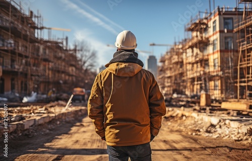 View from behind the builder inspector at the building site. © tongpatong