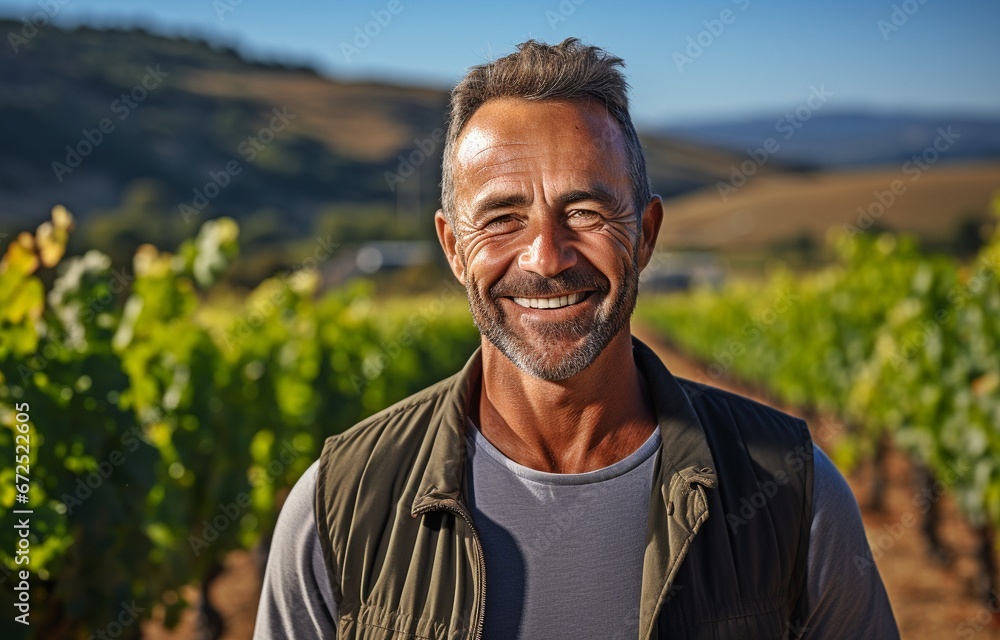 A happy senior wine producer stands in front of the camera, with a vineyard in the backdrop. . A happy senior wine producer stands in front of the camera, with a vineyard in the backdrop. .