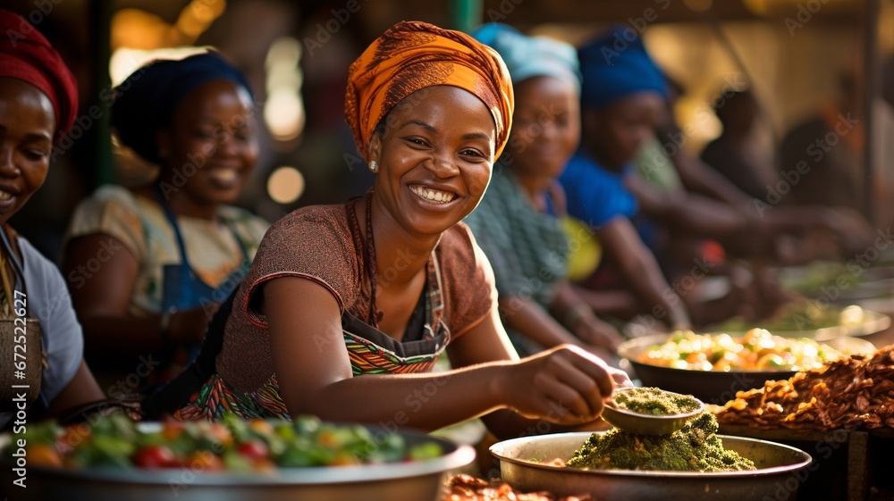 Wearing traditional attire, a senior African woman is cooking at the local food market. . - obrazy, fototapety, plakaty 