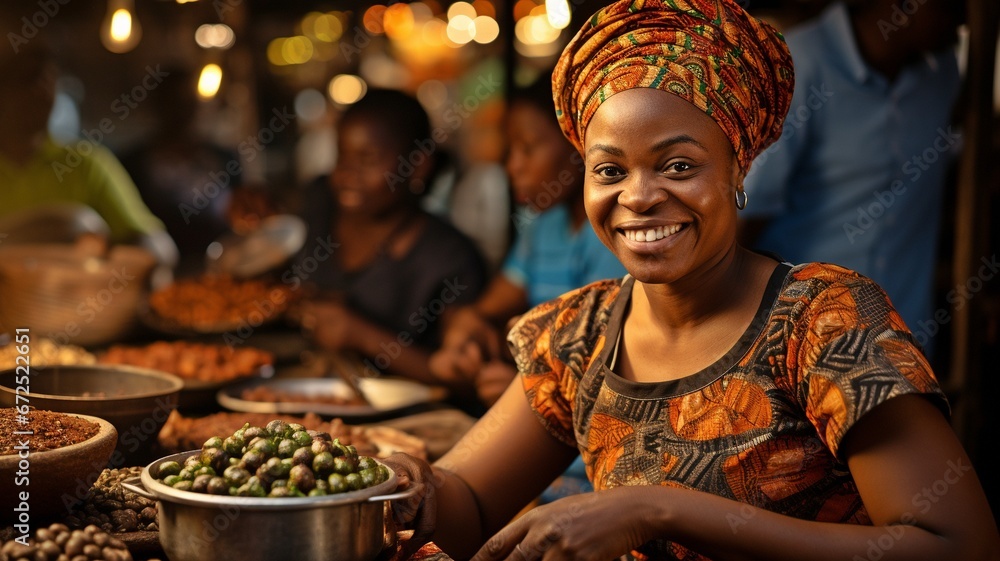 Wearing traditional attire, a senior African woman is cooking at the local food market. . - obrazy, fototapety, plakaty 